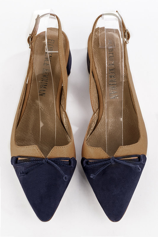 Navy blue and camel beige women's open back shoes, with a knot. Tapered toe. Low flare heels. Top view - Florence KOOIJMAN